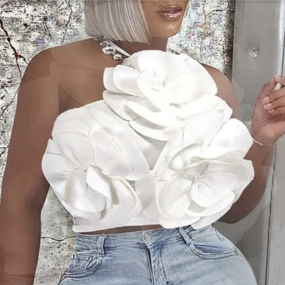 White Halter Collar 3D Flower Top